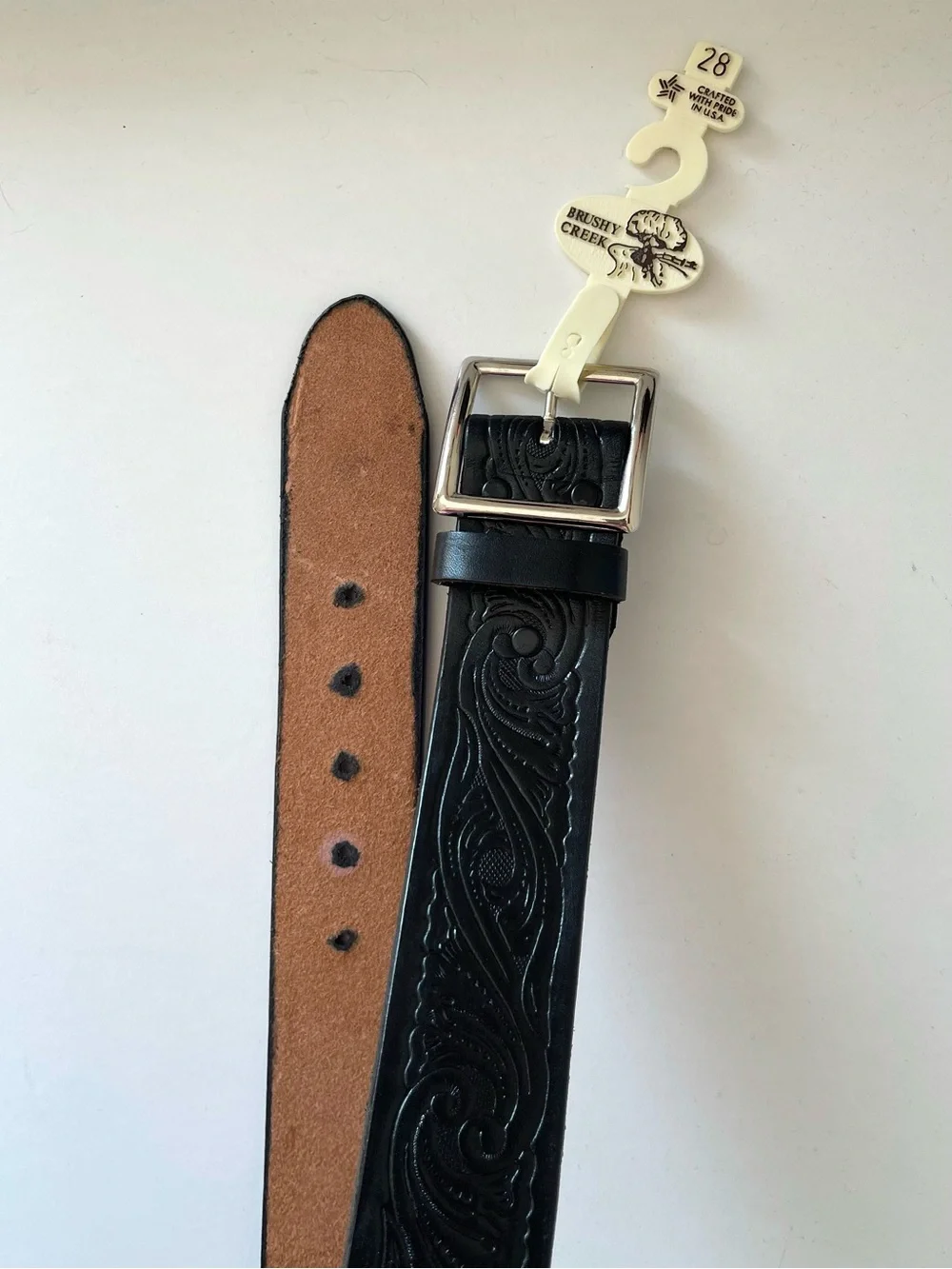 NWT Brushy Creek Leather Belt - Black Tooled Western Floral USA Made - Size 28